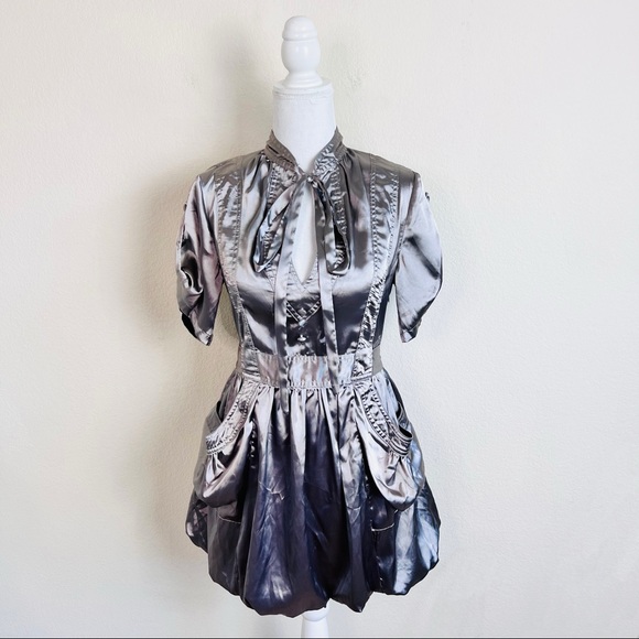 Y2K Silver Satin V-Neck Neck Tie Short Sleeve Bubble Mini Dress - Picture 2 of 16
